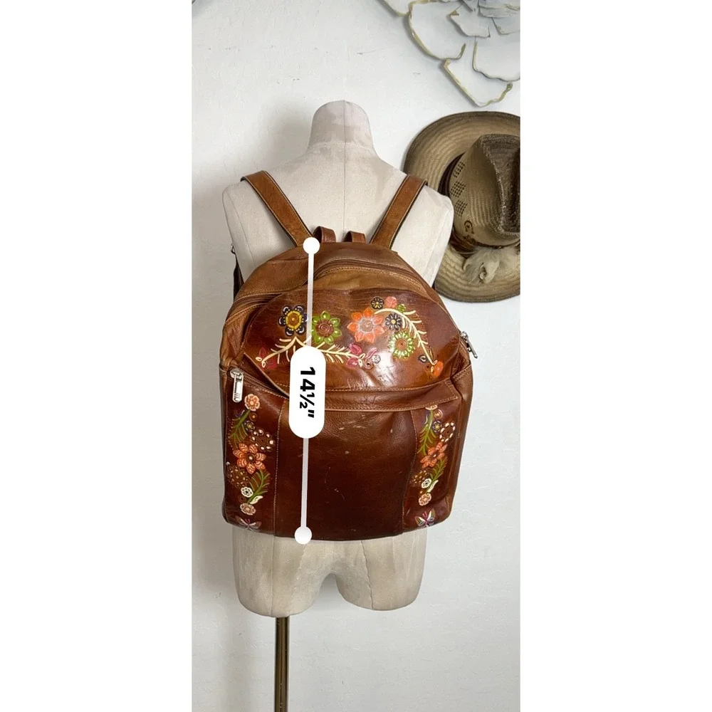 VTG Tooled Leather Backpack Hand Paint Floral Boho western Festival Travel Bag